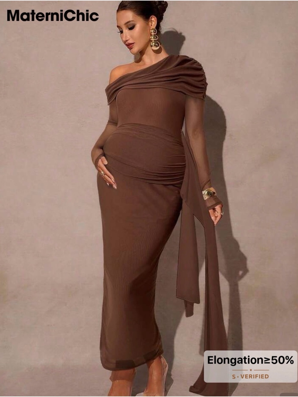 SHEIN Brown One-Shoulder Maternity Gown